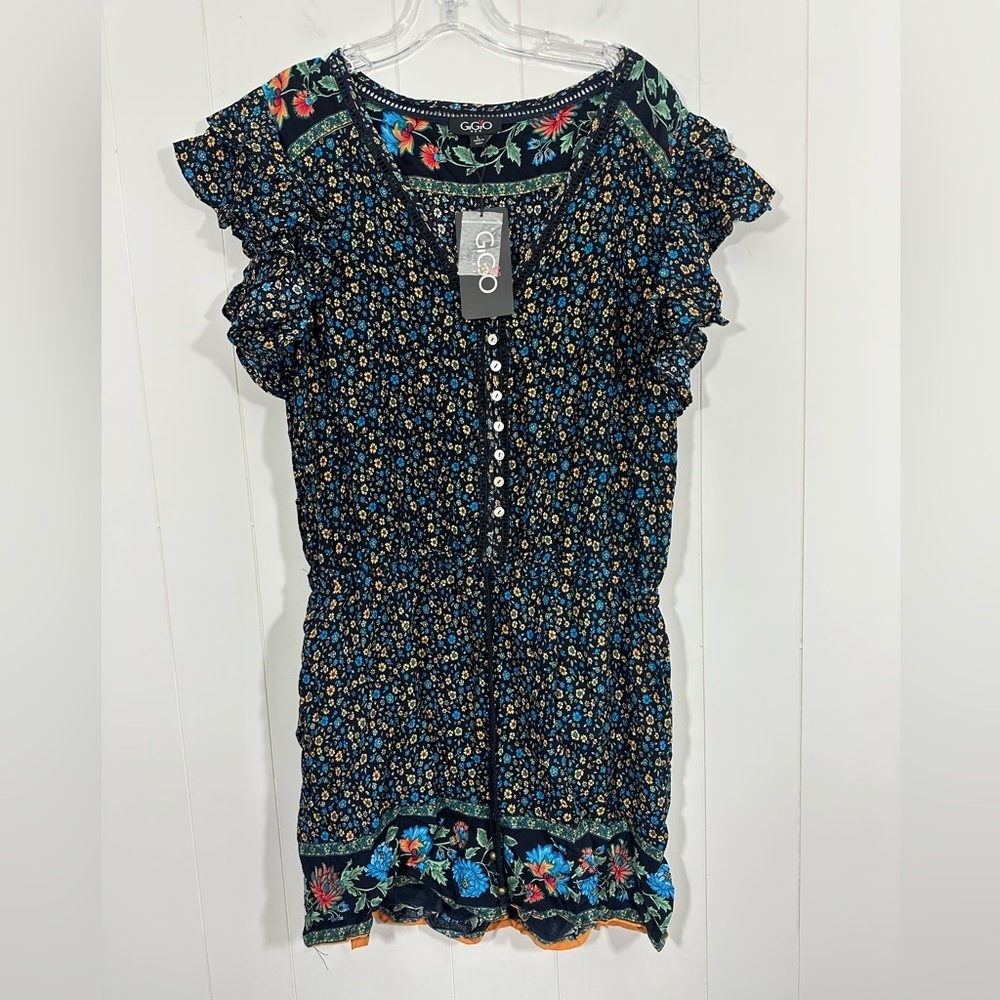 NWT GiGio USA Ruffle Sleeve Floral Boho Romper Half Button Size L elastic Waist